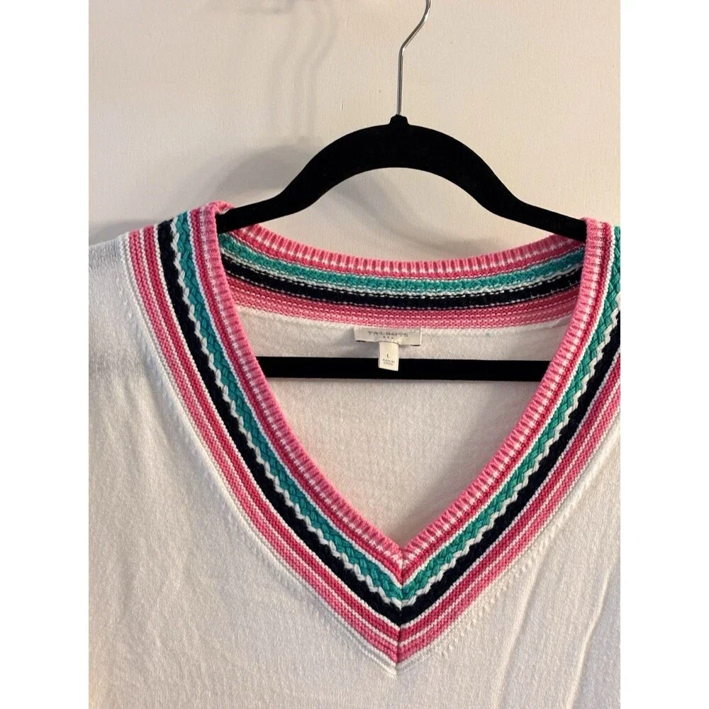 Talbots White V-Neck Sweater‎ Womens Large Pink Stripe Trim Cotton Blend